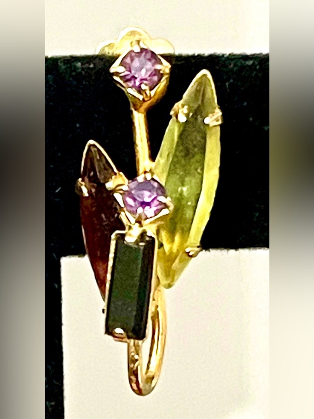 Vintage MCM Atomic Glass Rhinestone Floral Clip Earrings Green Black Purple Red - Picture 4 of 8